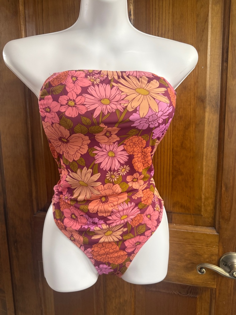Kona Sol Strapless Floral One-Piece Swimsuit in Pink & Orange